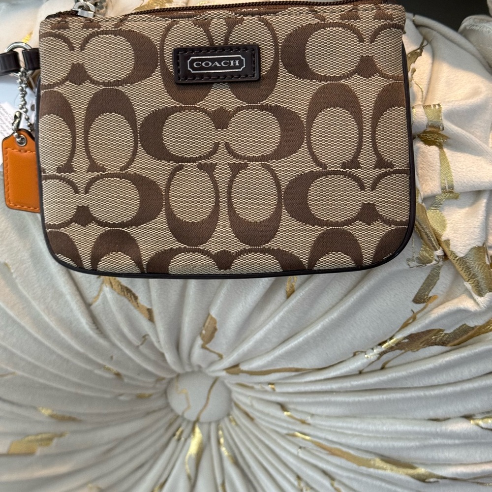 Coach Brown and Tan Signature Canvas Wristlet
